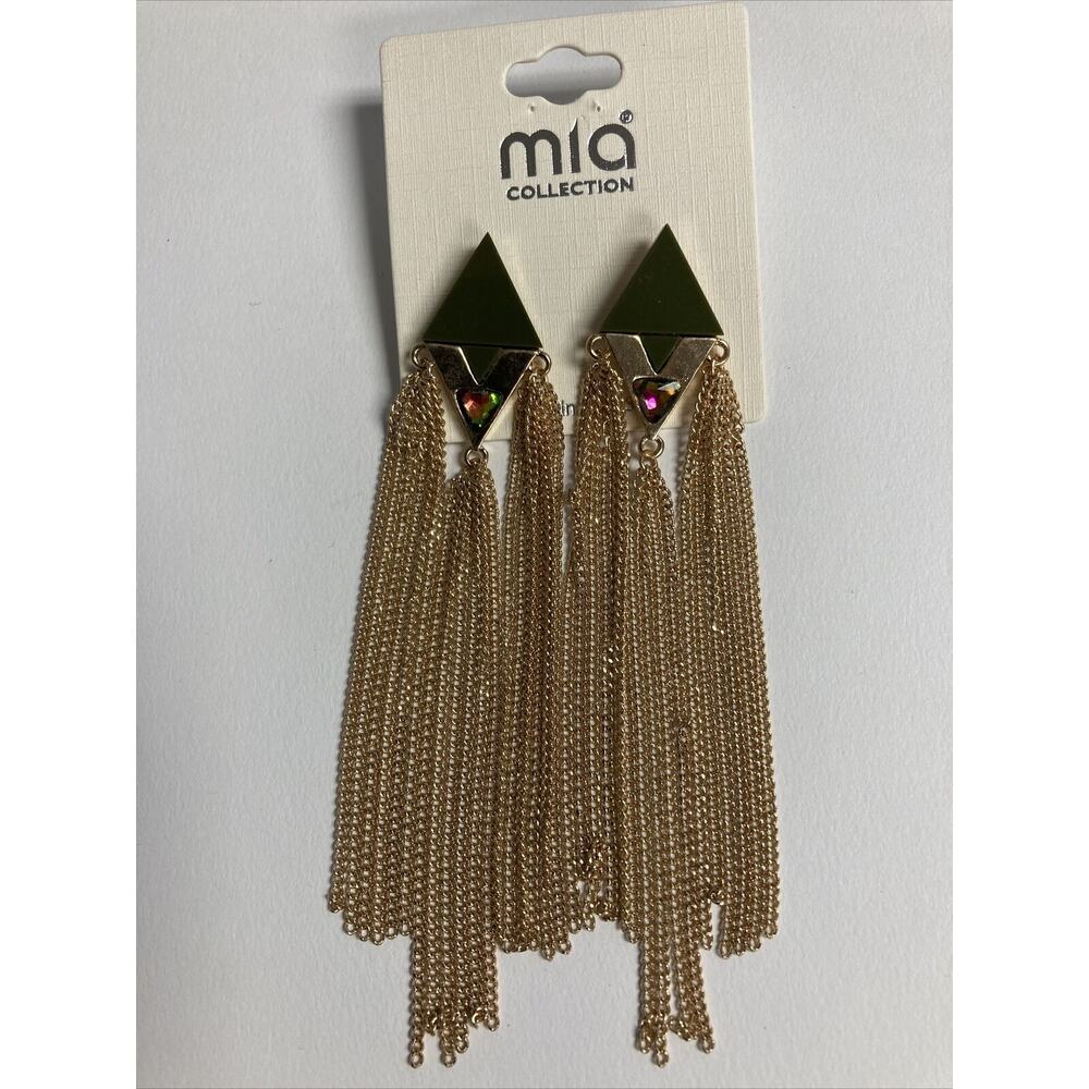 Mia Collection Earrings Dangle Green Top With Gold Tone Chain Fringe